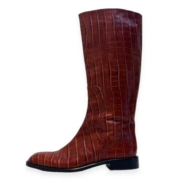 RARE Brock Collection Croc-Effect Cognac Leather Western Designer Riding Boots - Picture 1 of 12